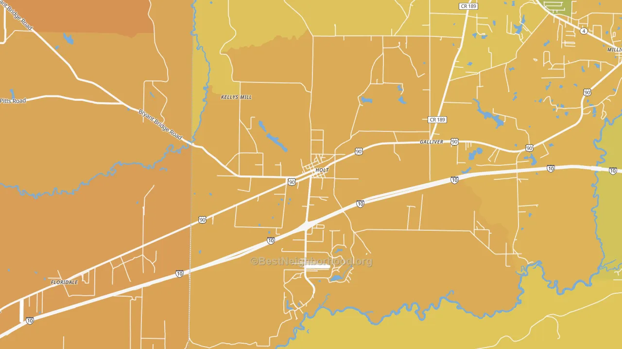 Map of the best neighborhoods in the 32564 area, with better matches in green and worse matches in red