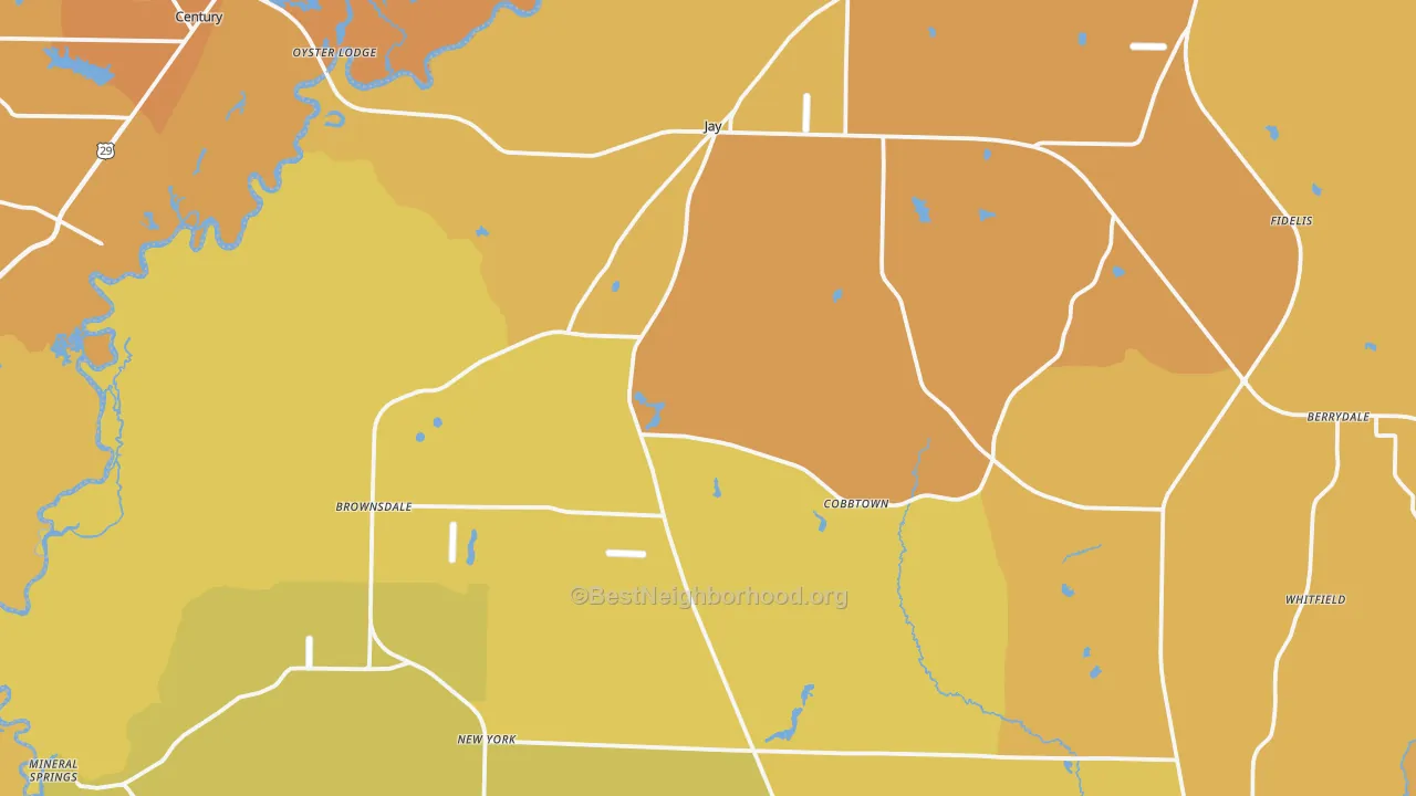 Map of the best neighborhoods in the 32565 area, with better matches in green and worse matches in red