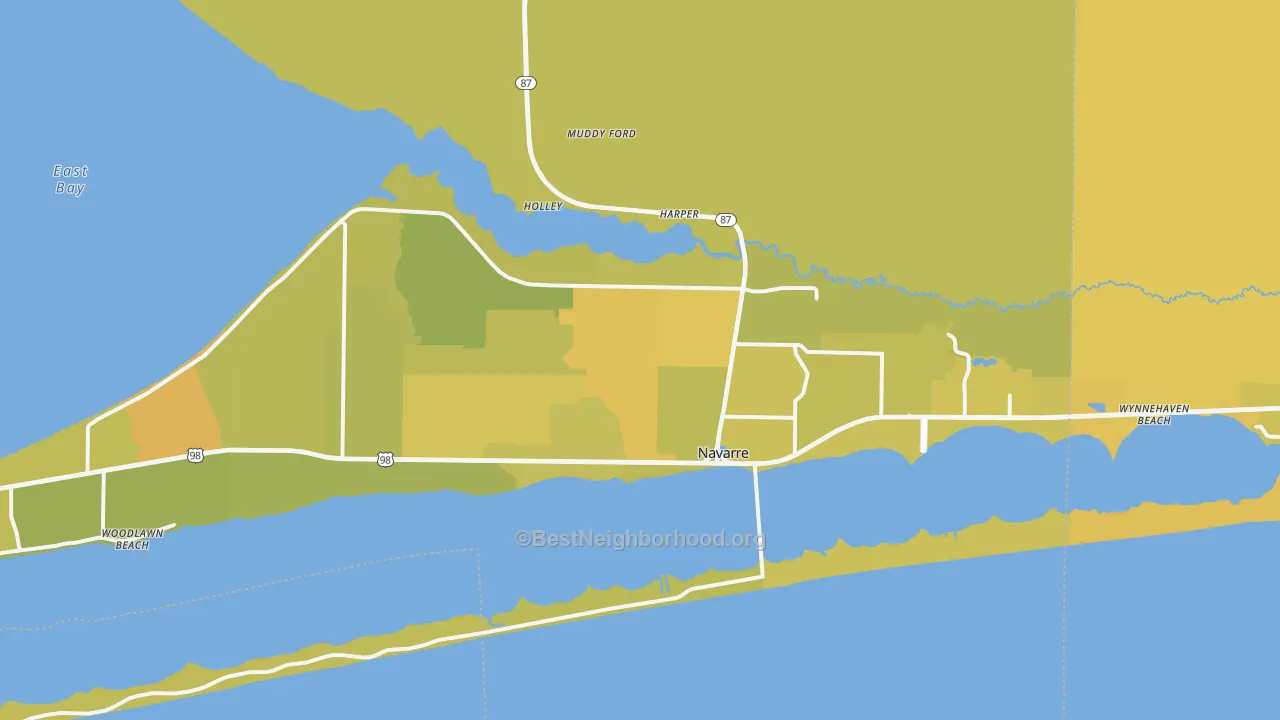 Map of the best neighborhoods in the 32566 area, with better matches in green and worse matches in red