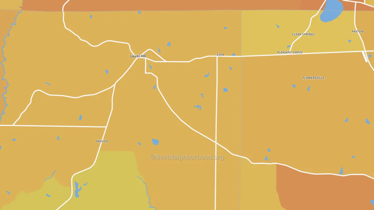 Map of the best neighborhoods in the 32567 area, with better matches in green and worse matches in red