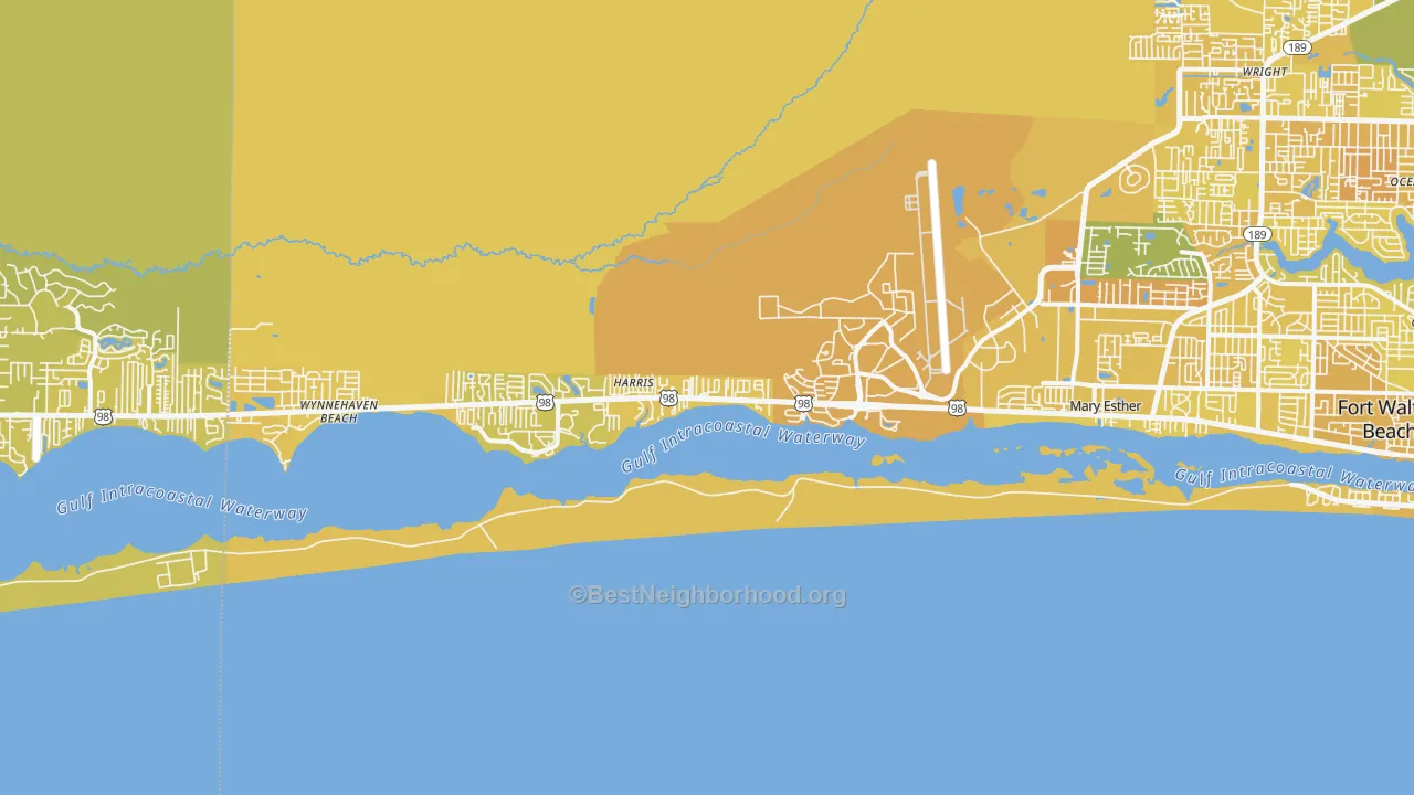 Map of the best neighborhoods in the 32569 area, with better matches in green and worse matches in red