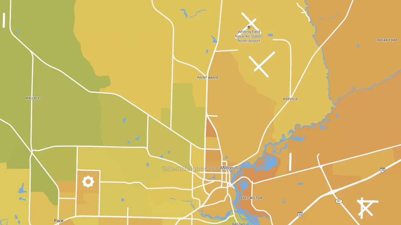 Map of the best neighborhoods in the 32570 area, with better matches in green and worse matches in red