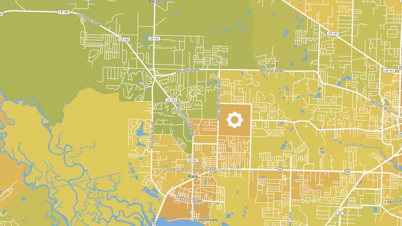 Map of the best neighborhoods in the 32571 area, with better matches in green and worse matches in red