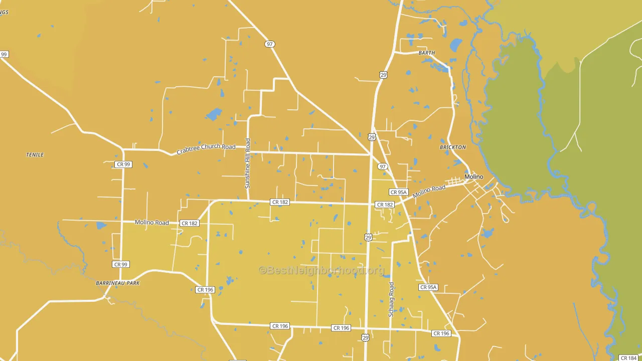 Map of the best neighborhoods in the 32577 area, with better matches in green and worse matches in red