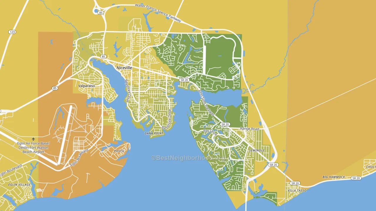 Map of the best neighborhoods in the 32578 area, with better matches in green and worse matches in red