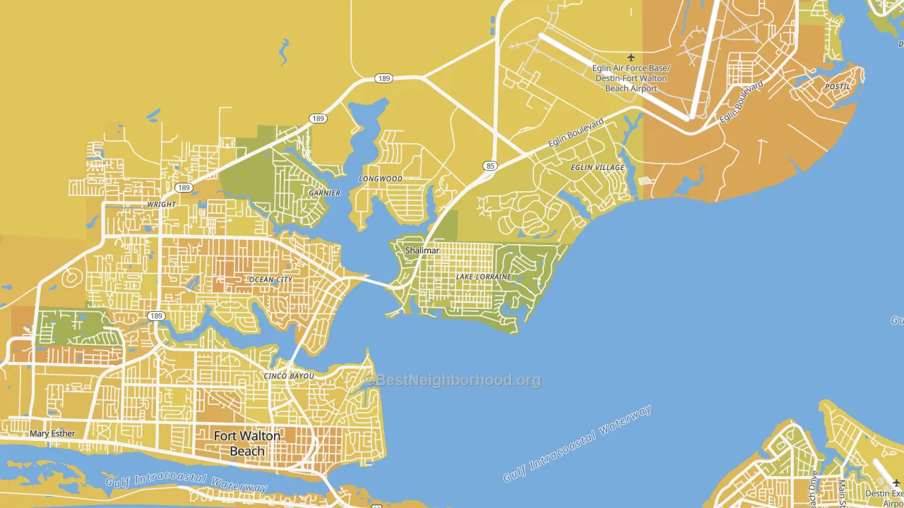 Map of the best neighborhoods in the 32579 area, with better matches in green and worse matches in red