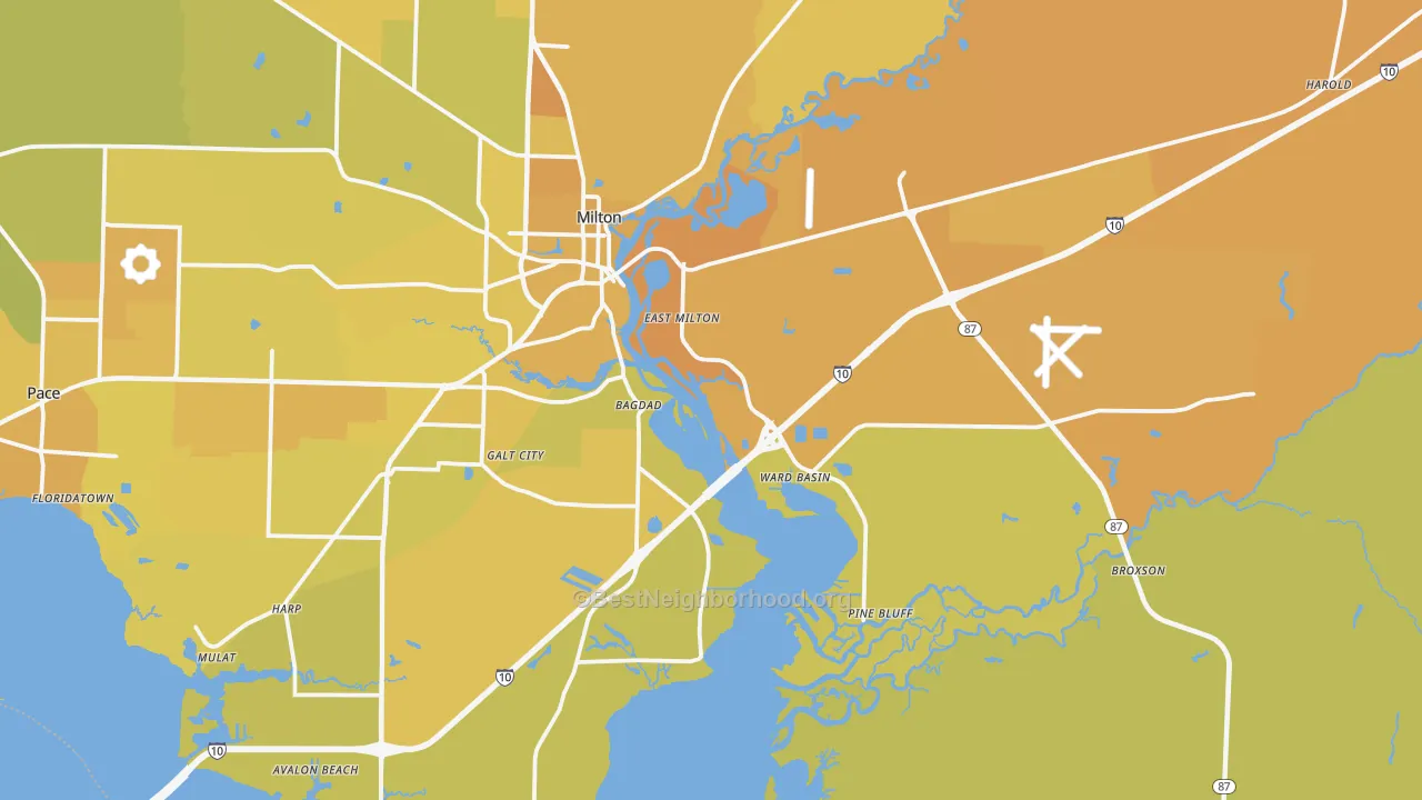 Map of the best neighborhoods in the 32583 area, with better matches in green and worse matches in red
