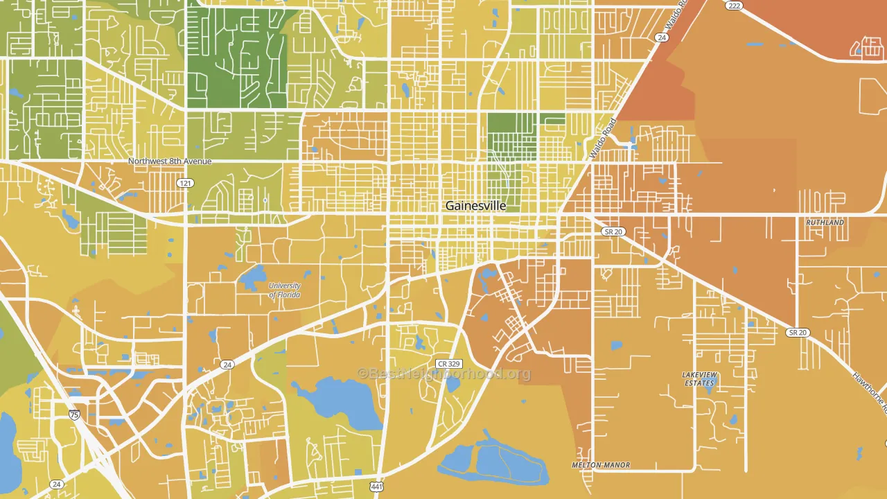 Map of the best neighborhoods in the 32601 area, with better matches in green and worse matches in red