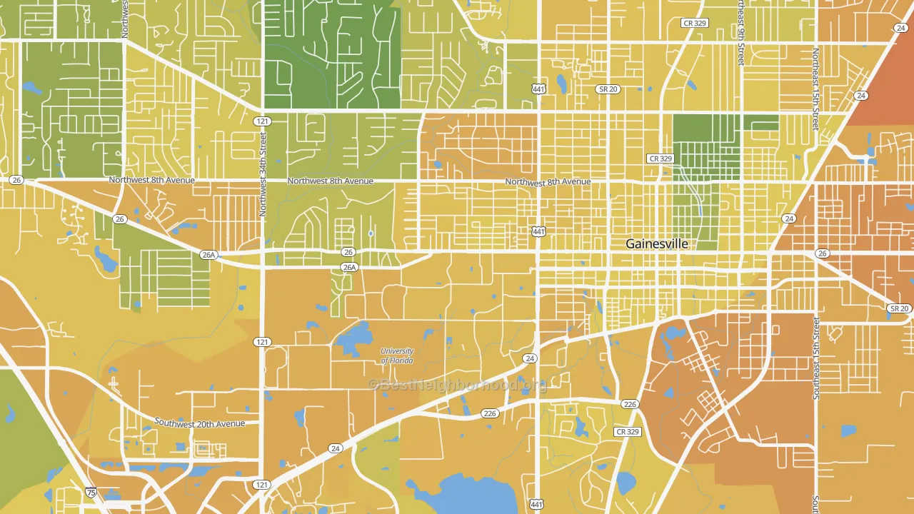 Map of the best neighborhoods in the 32603 area, with better matches in green and worse matches in red