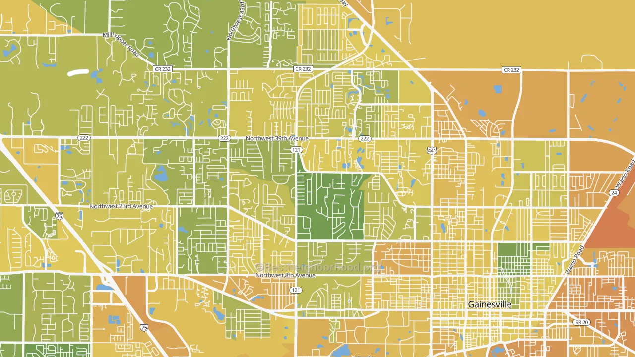 Map of the best neighborhoods in the 32605 area, with better matches in green and worse matches in red