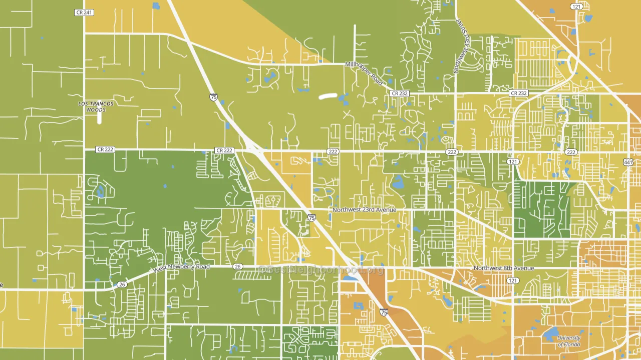 Map of the best neighborhoods in the 32606 area, with better matches in green and worse matches in red