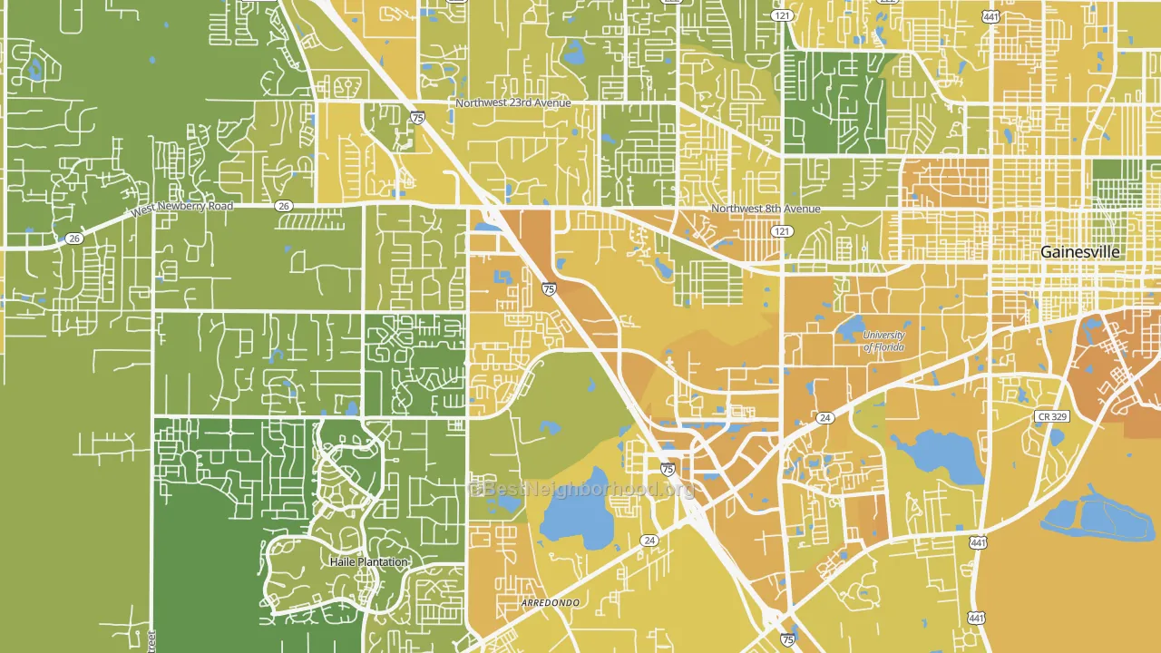 Map of the best neighborhoods in the 32607 area, with better matches in green and worse matches in red