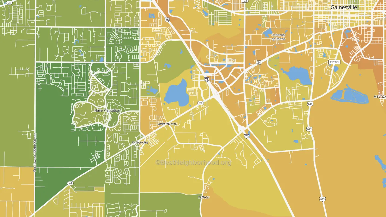 Map of the best neighborhoods in the 32608 area, with better matches in green and worse matches in red