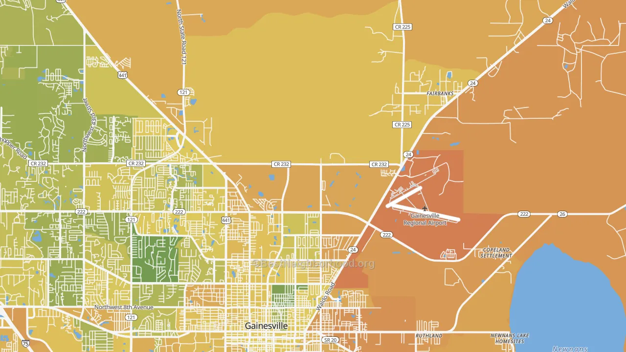 Map of the best neighborhoods in the 32609 area, with better matches in green and worse matches in red