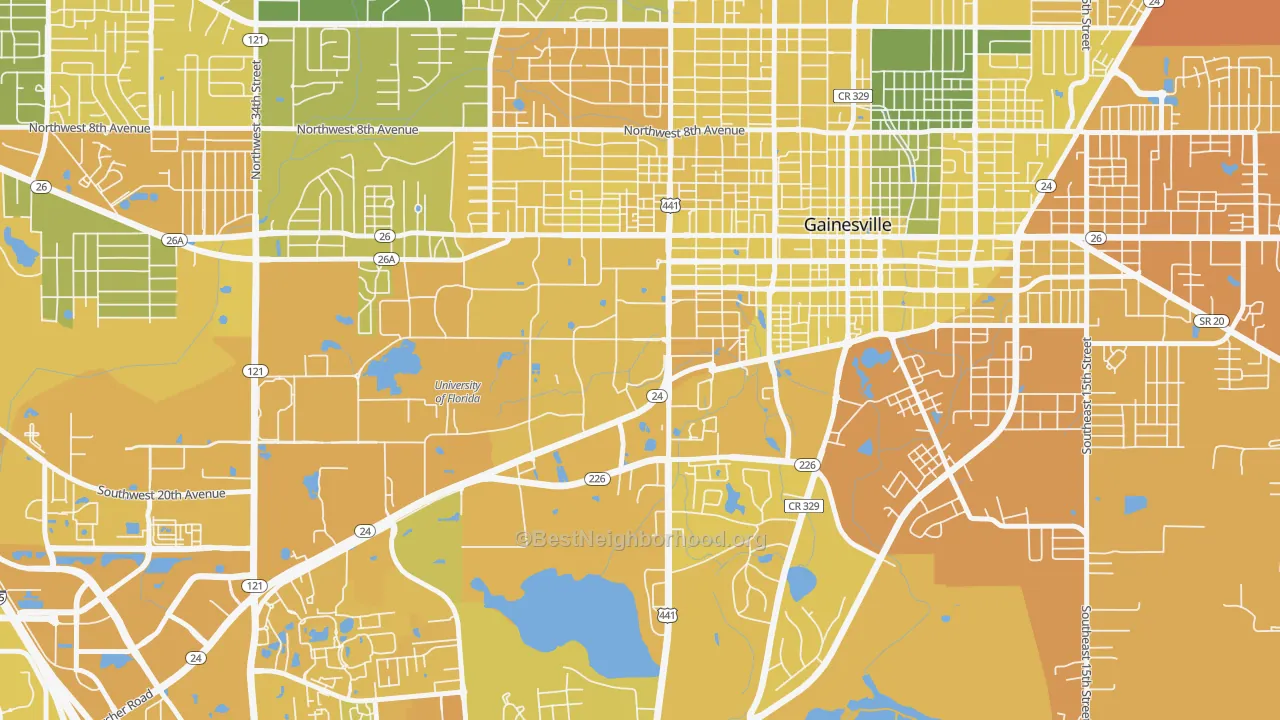 Map of the best neighborhoods in the 32610 area, with better matches in green and worse matches in red