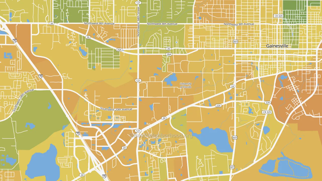 Map of the best neighborhoods in the 32611 area, with better matches in green and worse matches in red