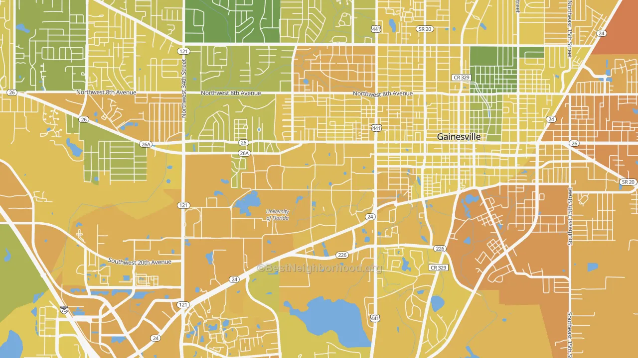 Map of the best neighborhoods in the 32612 area, with better matches in green and worse matches in red