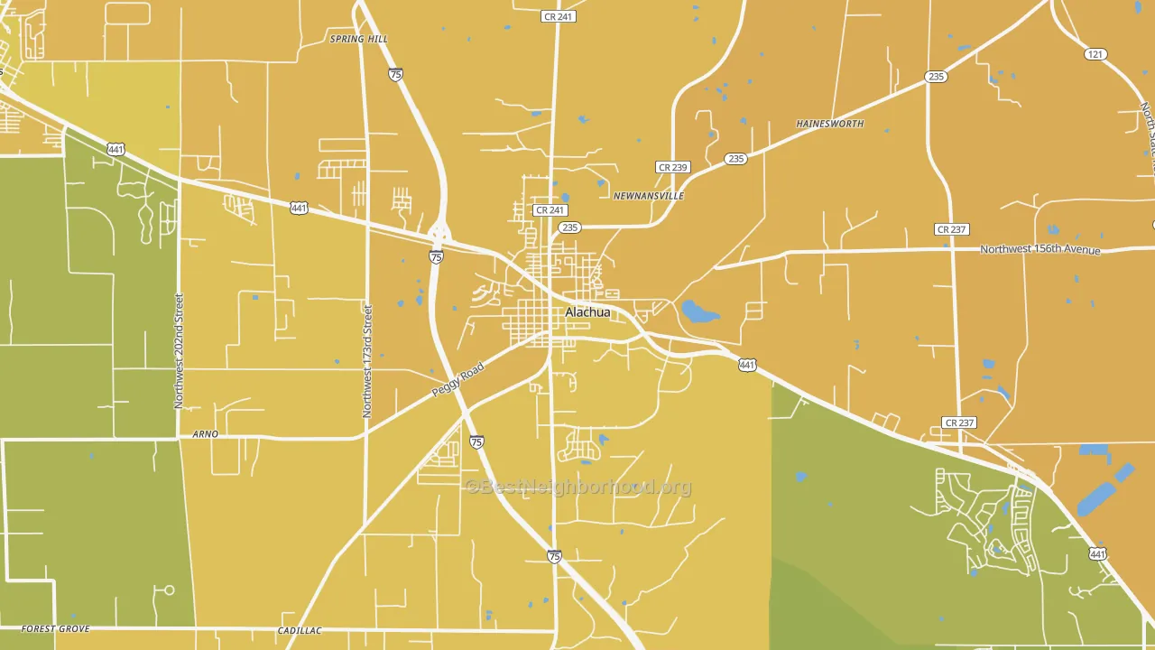 Map of the best neighborhoods in the 32615 area, with better matches in green and worse matches in red