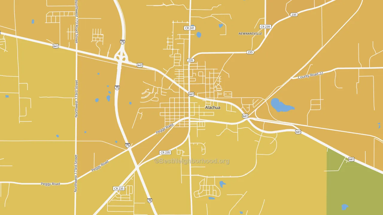 Map of the best neighborhoods in the 32616 area, with better matches in green and worse matches in red