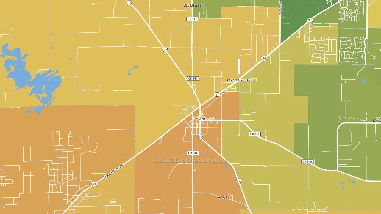 Map of the best neighborhoods in the 32618 area, with better matches in green and worse matches in red