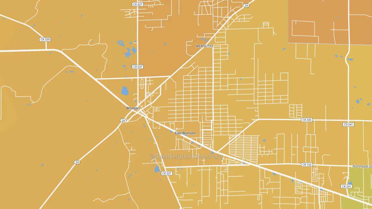 Map of the best neighborhoods in the 32621 area, with better matches in green and worse matches in red