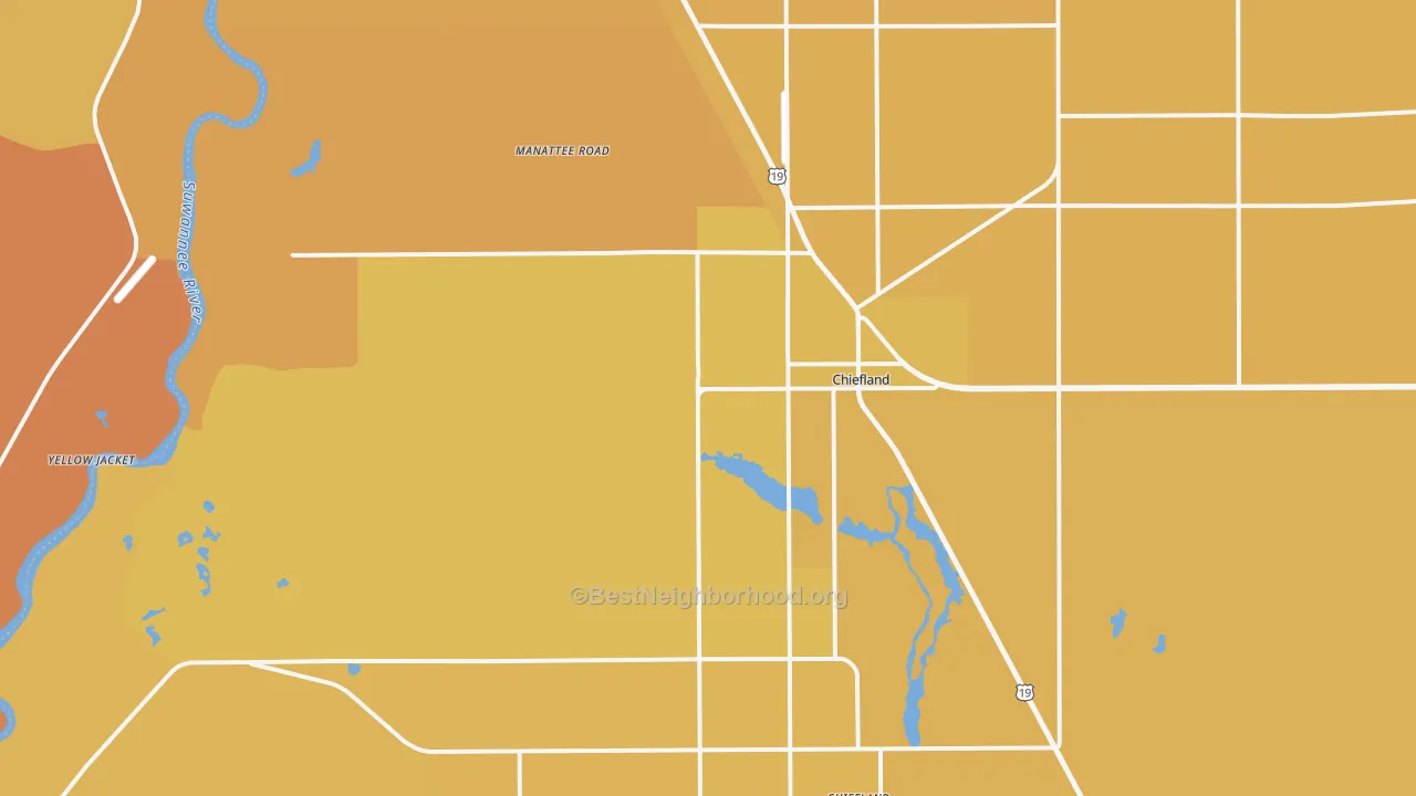 Map of the best neighborhoods in the 32626 area, with better matches in green and worse matches in red