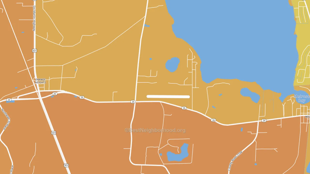 Map of the best neighborhoods in the 32631 area, with better matches in green and worse matches in red
