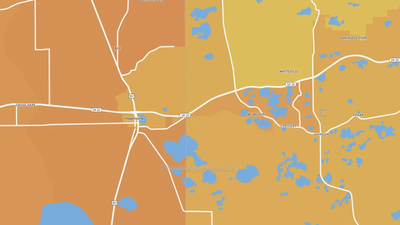Map of the best neighborhoods in the 32640 area, with better matches in green and worse matches in red