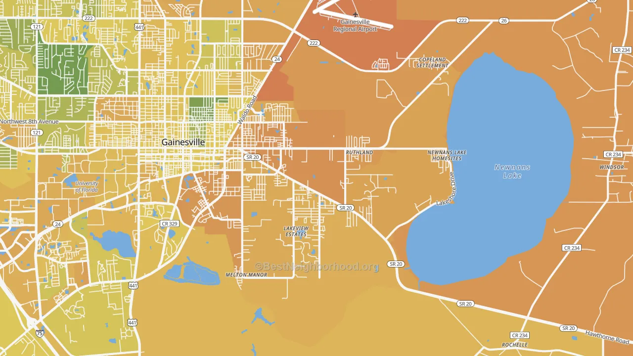 Map of the best neighborhoods in the 32641 area, with better matches in green and worse matches in red