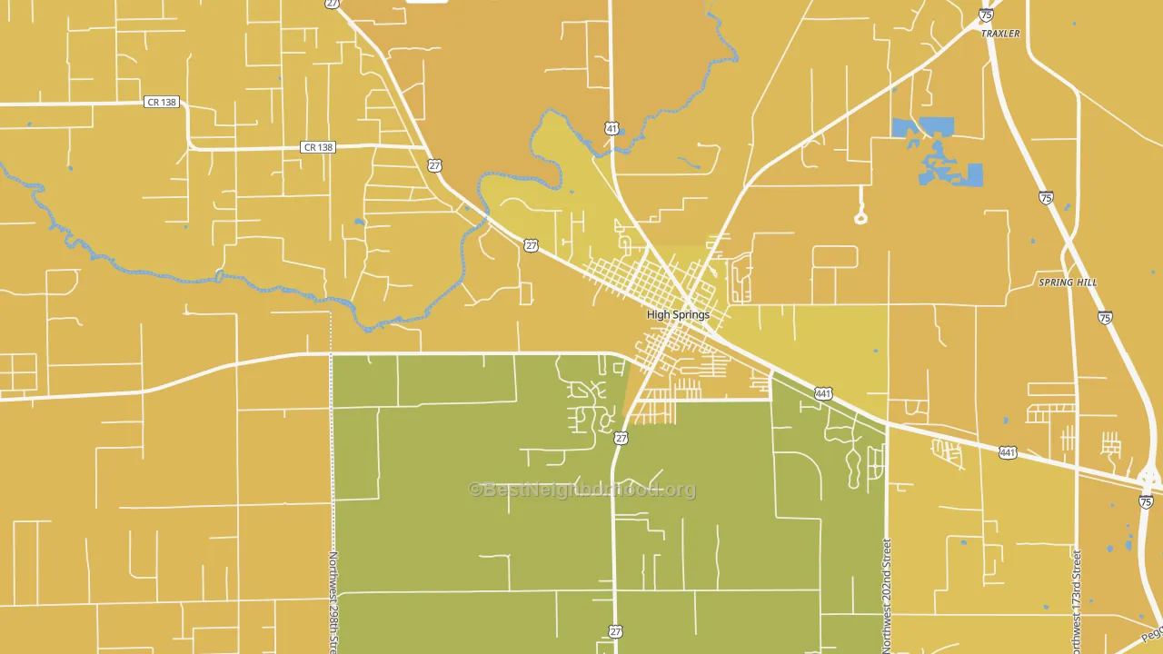 Map of the best neighborhoods in the 32643 area, with better matches in green and worse matches in red