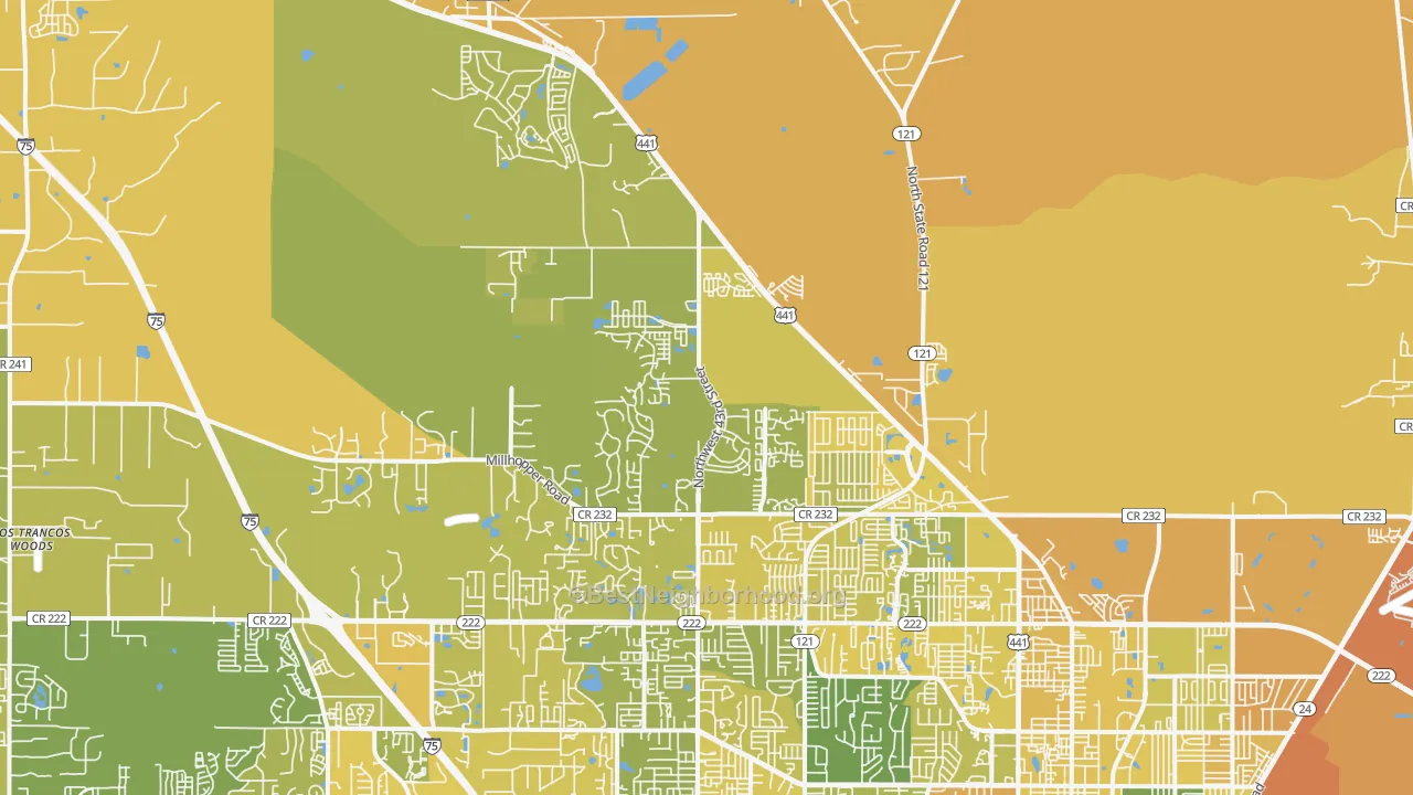 Map of the best neighborhoods in the 32653 area, with better matches in green and worse matches in red