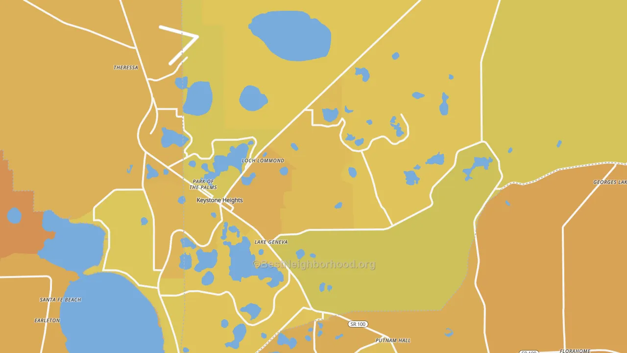 Map of the best neighborhoods in the 32656 area, with better matches in green and worse matches in red
