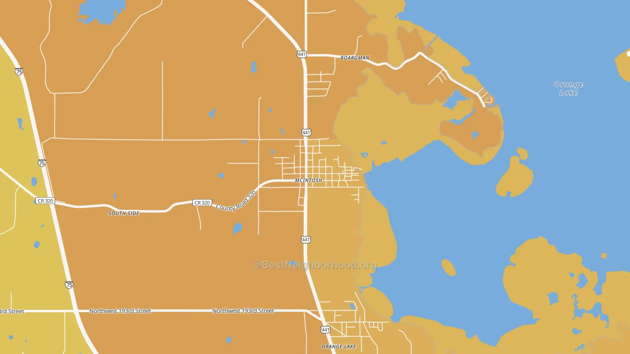 Map of the best neighborhoods in the 32664 area, with better matches in green and worse matches in red