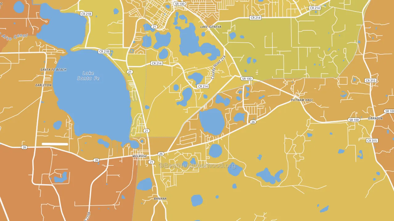 Map of the best neighborhoods in the 32666 area, with better matches in green and worse matches in red