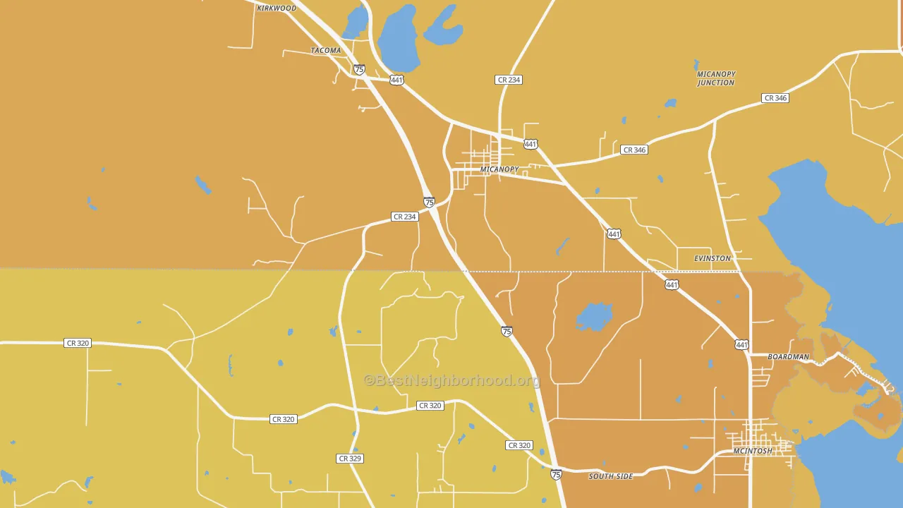 Map of the best neighborhoods in the 32667 area, with better matches in green and worse matches in red