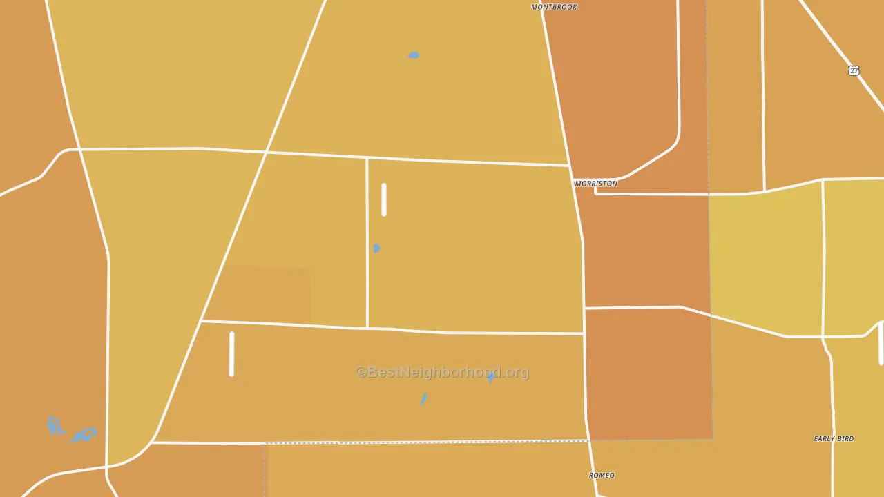 Map of the best neighborhoods in the 32668 area, with better matches in green and worse matches in red