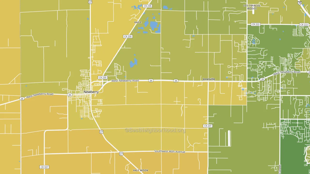 Map of the best neighborhoods in the 32669 area, with better matches in green and worse matches in red