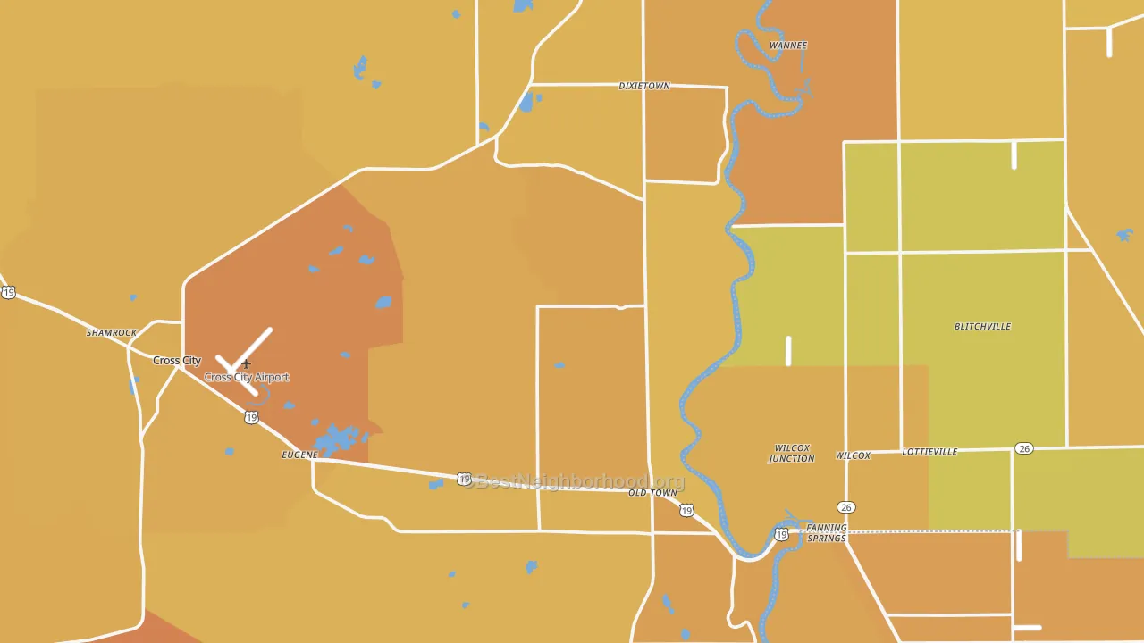 Map of the best neighborhoods in the 32680 area, with better matches in green and worse matches in red