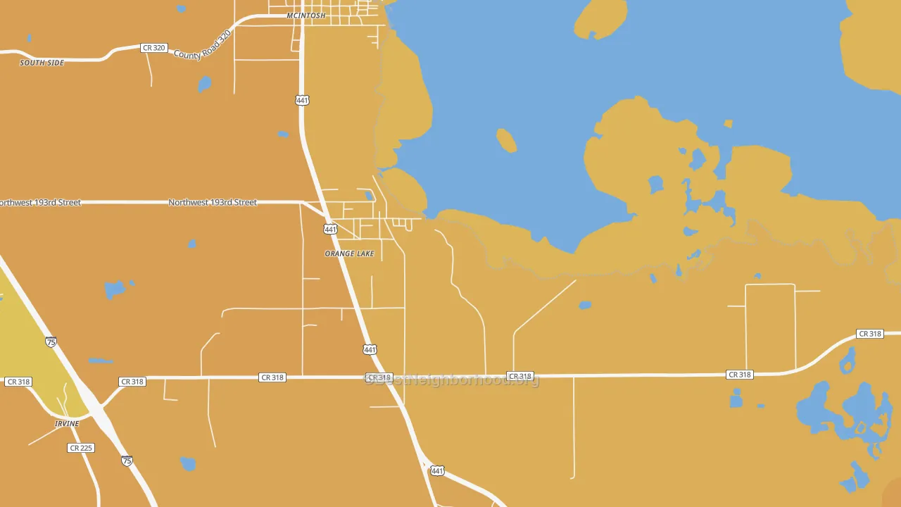 Map of the best neighborhoods in the 32681 area, with better matches in green and worse matches in red