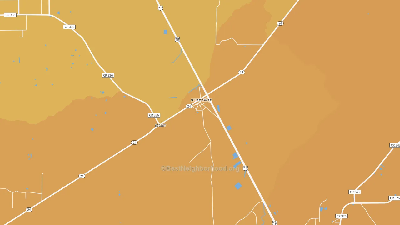 Map of the best neighborhoods in the 32683 area, with better matches in green and worse matches in red