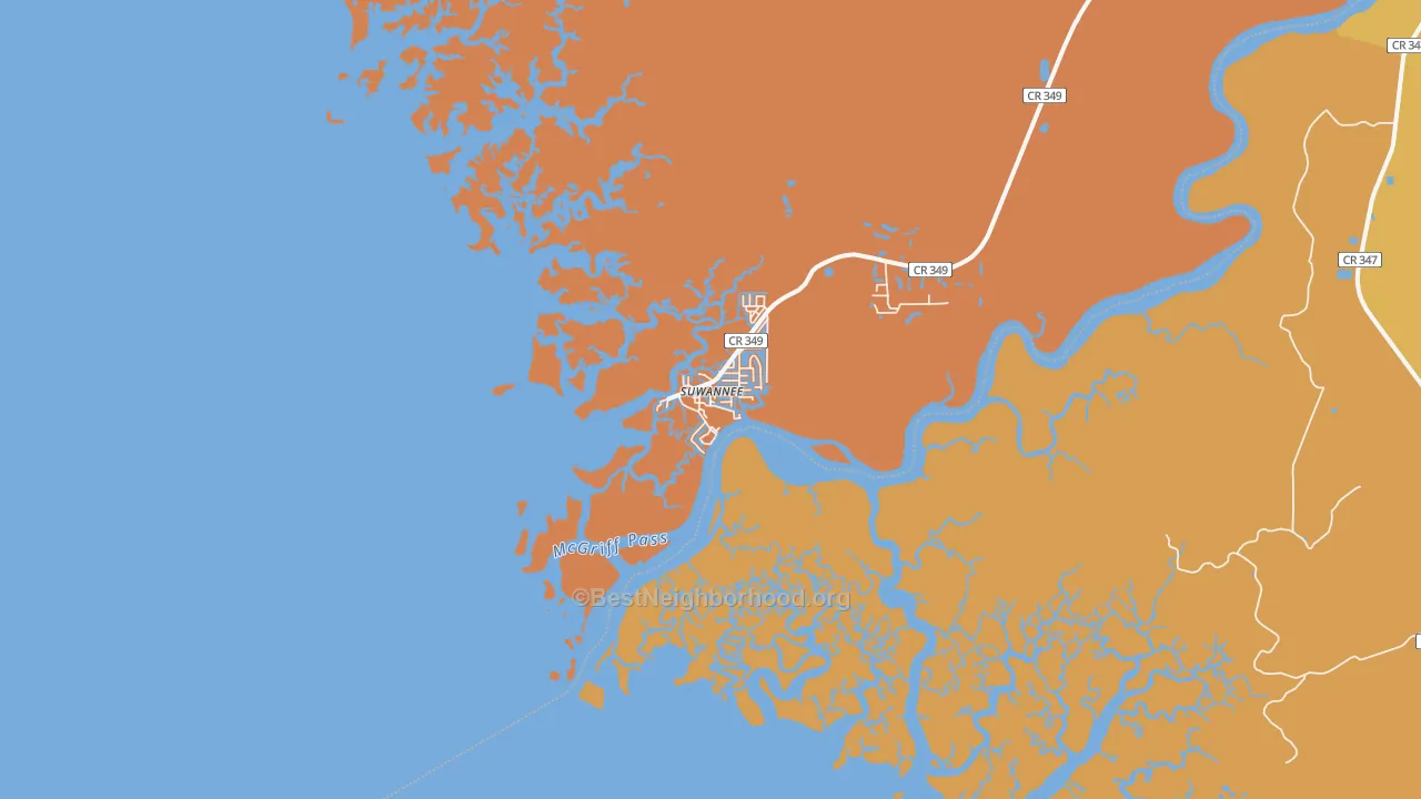 Map of the best neighborhoods in the 32692 area, with better matches in green and worse matches in red