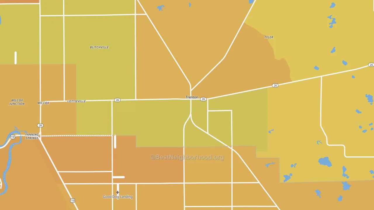 Map of the best neighborhoods in the 32693 area, with better matches in green and worse matches in red