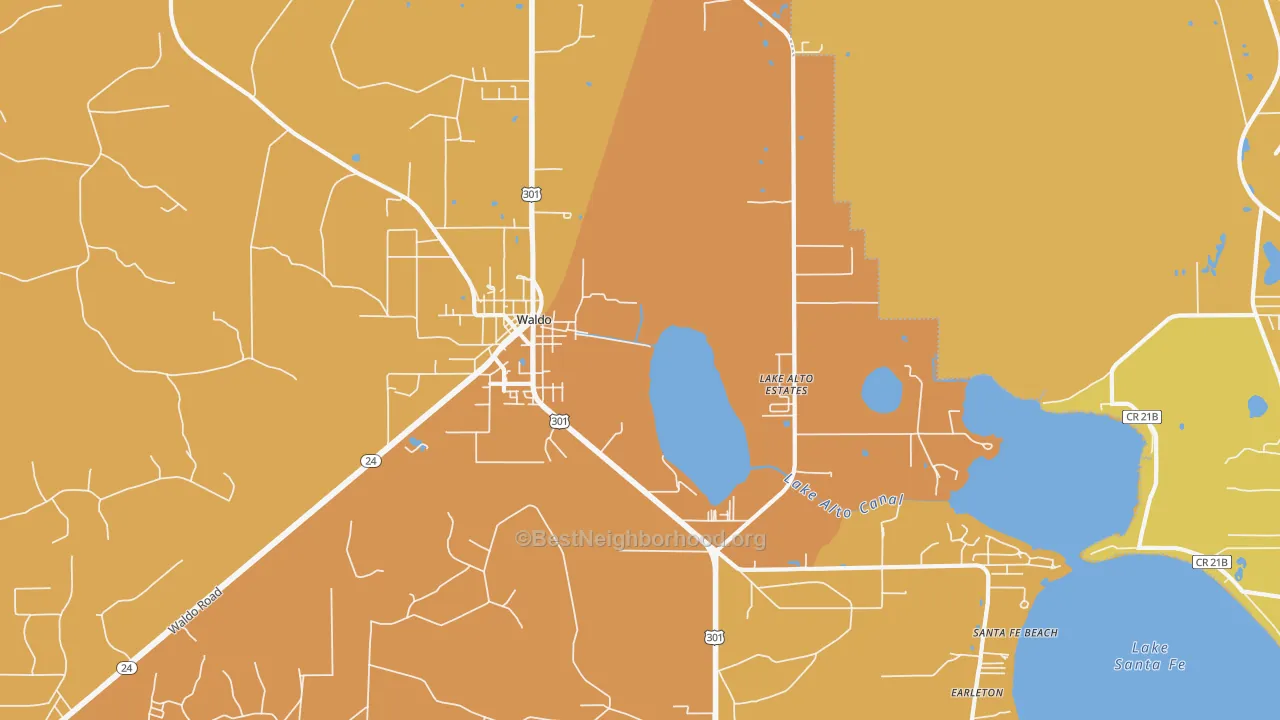 Map of the best neighborhoods in the 32694 area, with better matches in green and worse matches in red