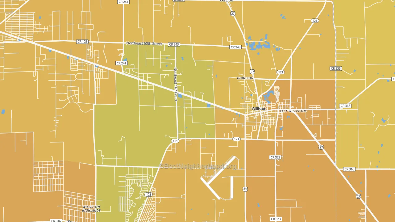 Map of the best neighborhoods in the 32696 area, with better matches in green and worse matches in red