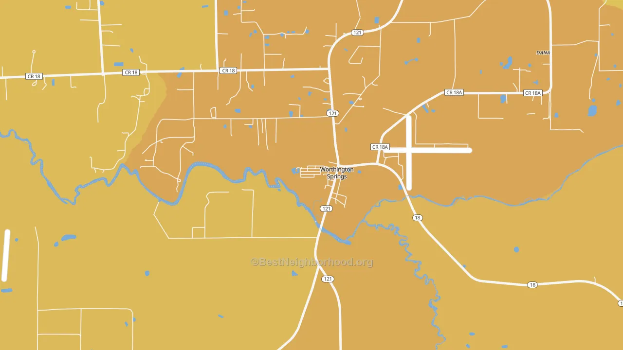 Map of the best neighborhoods in the 32697 area, with better matches in green and worse matches in red