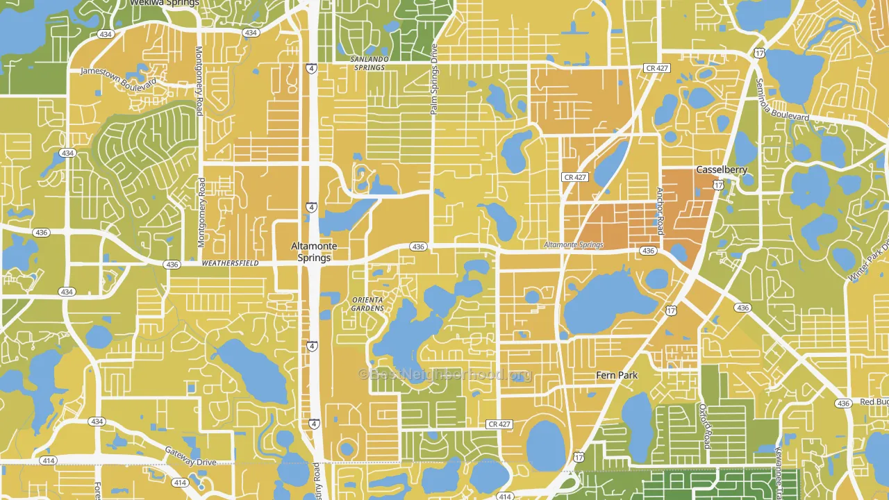Map of the best neighborhoods in the 32701 area, with better matches in green and worse matches in red