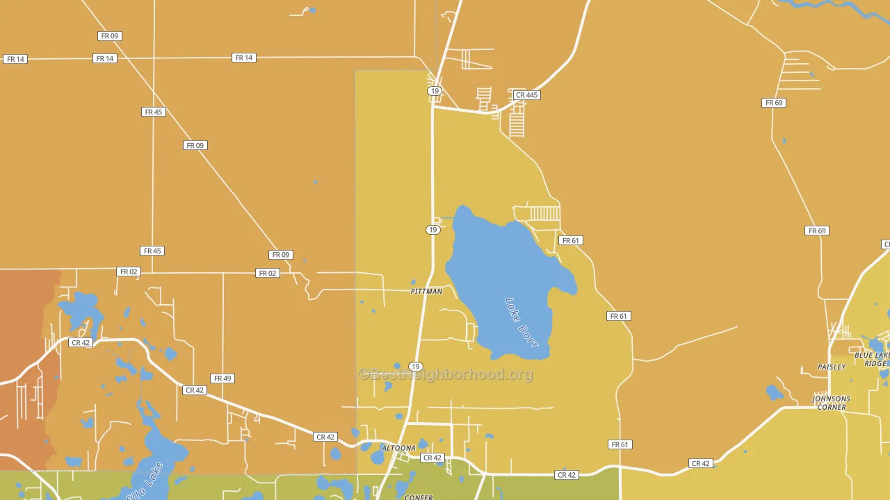 Map of the best neighborhoods in the 32702 area, with better matches in green and worse matches in red