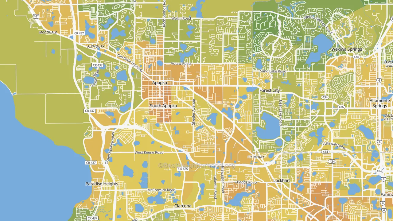Map of the best neighborhoods in the 32703 area, with better matches in green and worse matches in red