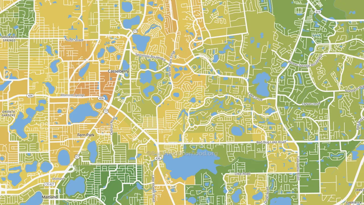 Map of the best neighborhoods in the 32707 area, with better matches in green and worse matches in red
