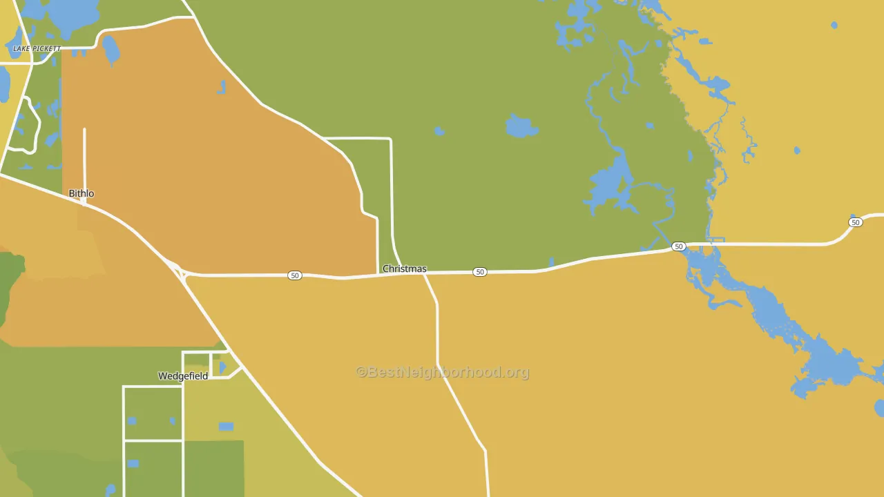 Map of the best neighborhoods in the 32709 area, with better matches in green and worse matches in red